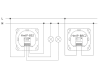 Aansluitschema als draadloze dubbele schakeling, met een Homematic IP draadloze drukknop voor merk-wipvlak (HmIP-BRC2). Een druk op de knop op de HmIP-BS2 of HmIP-BRC2 stuurt een of beide uitgangen van de HmIP-BS2 aan.