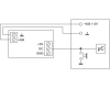 Voorbeeld 2: De module wordt gevoed door intern +5 V, afkomstig van het aan te sturen apparaat. Het miniatuur relais is afgebroken. De drukknop in het aan te sturen apparaat wordt aangestuurd via de open collector uitgang. 