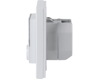 De afmetingen van de thermostaat met 230V schakelende uitgang zijn 8,6 x 8,6 x 5,4 cm. De inbouwdiepte in een inbouwdoos is 3,2 cm.