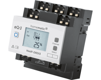 De Homematic IP 3 kanaals DIN-rail dimactor kan met elk kanaal tot 100 Watt LED of 200 Watt gloei- of halogeenlampen dimmen. Het display toont de actuele dimwaarde van elk kanaal.