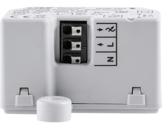 De dimmer module heeft drie aansluitklemmen. L en N zijn fase (bruin) en nul (blauw). De dimuitgang, helemaal bovenaan, wordt aangeduid met de golf en het pijltje. Hierop wordt de zwarte draad naar de lamp aangesloten.