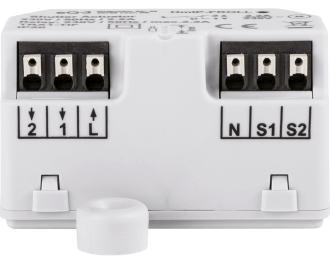 De module heeft zes aansluitklemmen. L en N zijn fase (bruin) en nul (blauw). Op uitgangen 1 en 2 worden de schakeldraden voor op en neer (bruin en zwart) naar de motor aangesloten. S1 en S2 zijn aansluitingen voor de draaischakelaar of drukknop.