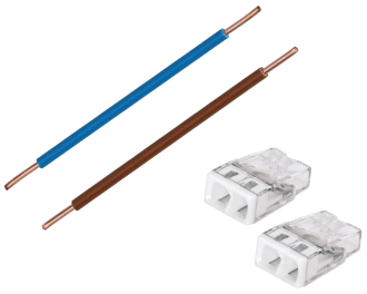 De kant en klare installatiedraad adapter set bestaat uit twee gestripte 1,5 mm2 VD draden van 6 cm lang (bruin/fase en blauw/nul) en twee compacte Wago lasklemmen.