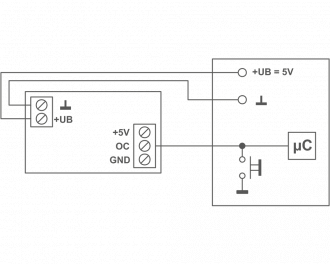 Voorbeeld 2: De module wordt gevoed door intern +5 V, afkomstig van het aan te sturen apparaat. Het miniatuur relais is afgebroken. De drukknop in het aan te sturen apparaat wordt aangestuurd via de open collector uitgang. 