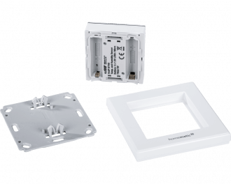 Het product bestaat uit drie onderdelen: montagevlak, afdekraam en draadloze temperatuursensor. De twee AAA-batterijen worden standaard meegeleverd.