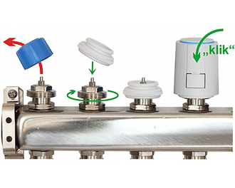 Een thermische motor is eenvoudig te installeren. Verwijder de afdekkap, draai de juiste afsluiter adapter op de groepafsluiter, en klik de thermische motor op de adapter.