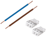 De kant en klare installatiedraad adapter set bestaat uit twee gestripte 1,5 mm2 VD draden van 6 cm lang (bruin/fase en blauw/nul) en twee compacte Wago lasklemmen. De kant en klare installatiedraad adapter set bestaat uit twee gestripte 1,5 mm2 VD draden van 6 cm lang (bruin/fase en blauw/nul) en twee compacte Wago lasklemmen.